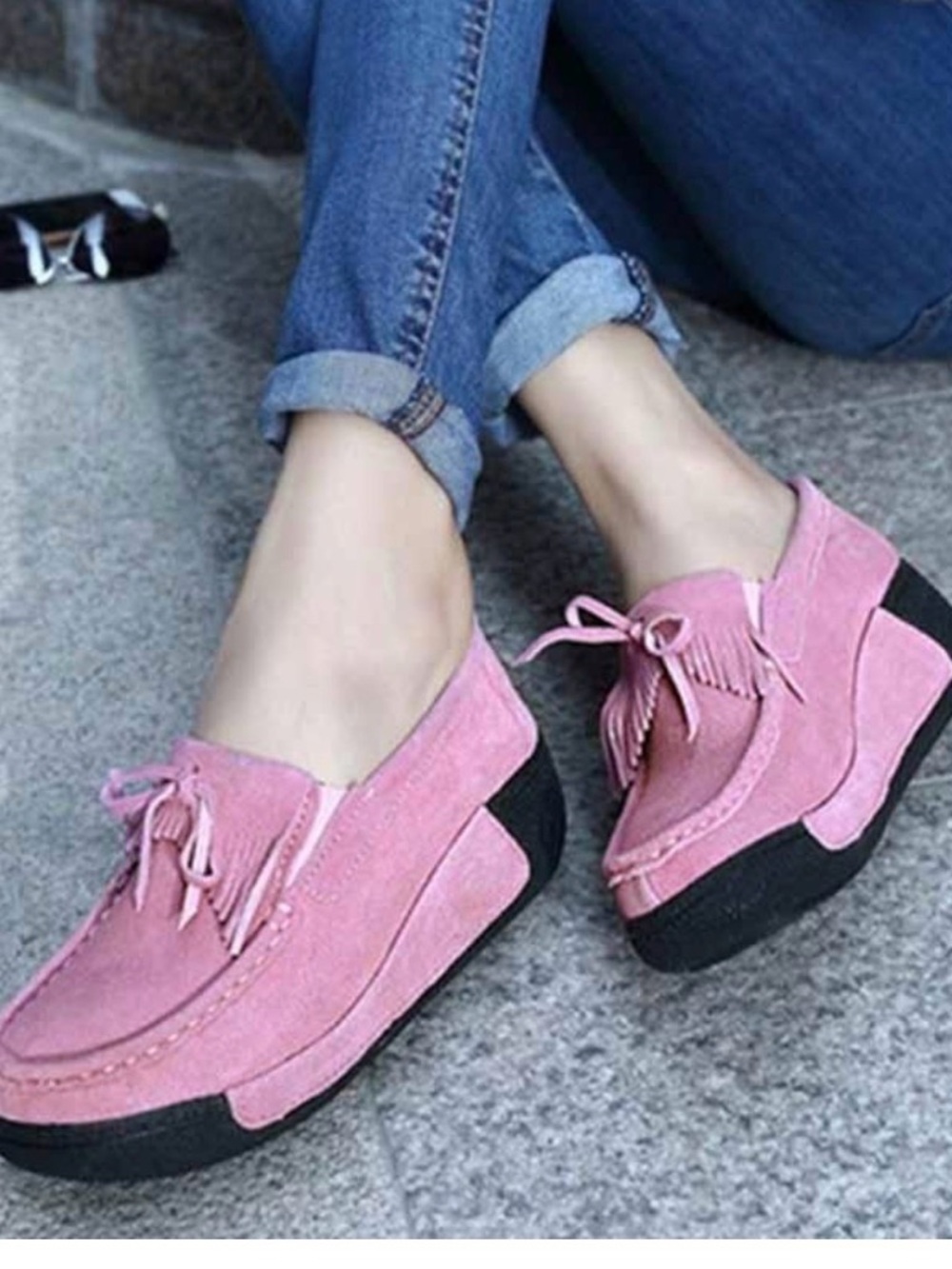 Pink Suede Platform Loafers with Fringe  Size 9
